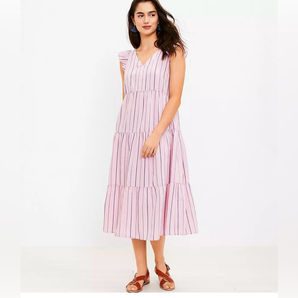 LOFT Ann Taylor Striped Flutter Sleeve V-Neck Midi Dress Sz XXL